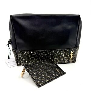 New Set YSL Beaute Makeup Bag Pouch Mirror Key Ring Black Gold Star